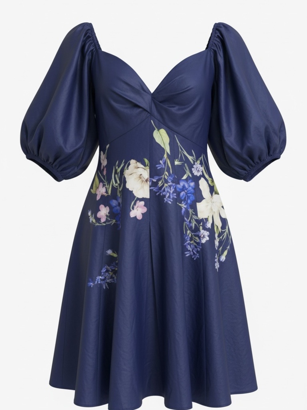 Express Navy Puff-Sleeve Floral Fit-and-Flare Dress